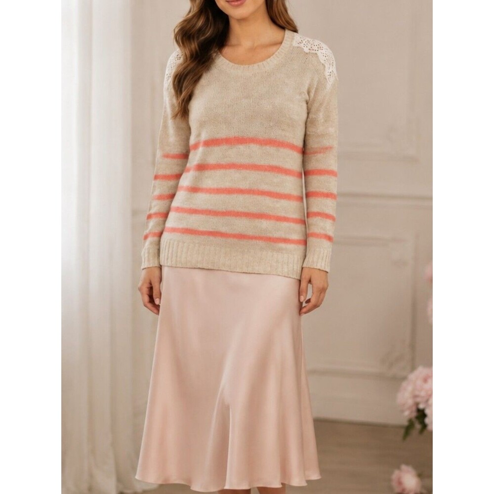 Beige Coral Open Knit Sweater Scoop Neck Striped Beige Pink L/S Tunic Beachy Coa